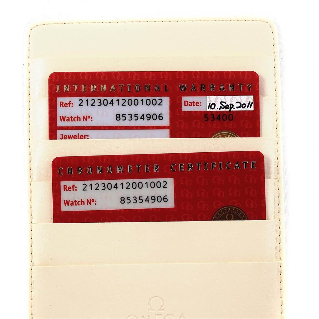 The image shows warranty and chronometer certificate cards for the Omega Seamaster 212.30.41.20.01.002 Men
s Stainless Steel Black Dial 212.30.41.20.01.002 Men
s Stainless Steel Black Dial watch model 21230412001002 in a cardholder.