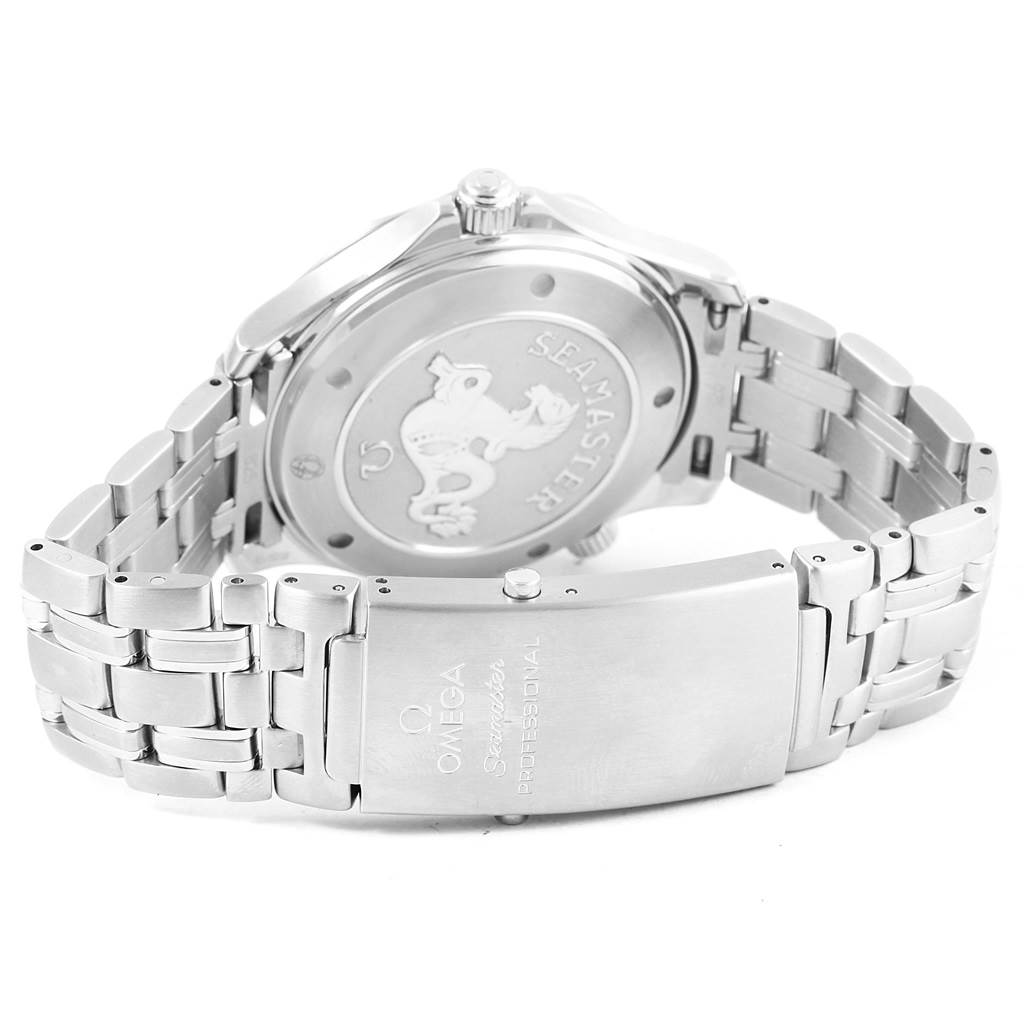 This image shows the back of the Omega Seamaster 212.30.41.20.01.002 Men
s Stainless Steel Black Dial 212.30.41.20.01.002 Men
s Stainless Steel Black Dial watch, highlighting the case back and metal bracelet.