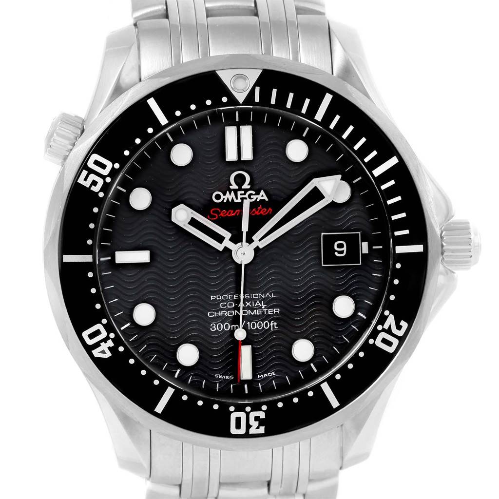 The image shows a front view of the Omega Seamaster 212.30.41.20.01.002 Men
s Stainless Steel Black Dial 212.30.41.20.01.002 Men
s Stainless Steel Black Dial watch, displaying the dial, bezel, and part of the bracelet.