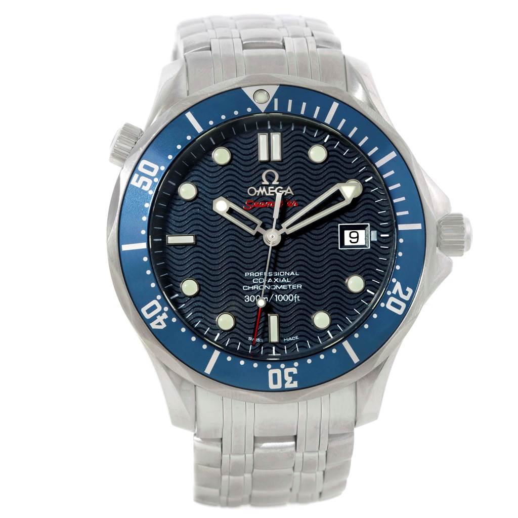 The image shows a front view of an Omega Seamaster 2220.80.00 Men's Stainless Steel Blue Dial 2220.80.00 Men's Stainless Steel Blue Dial watch, highlighting its dial, hands, bezel, and metal bracelet.