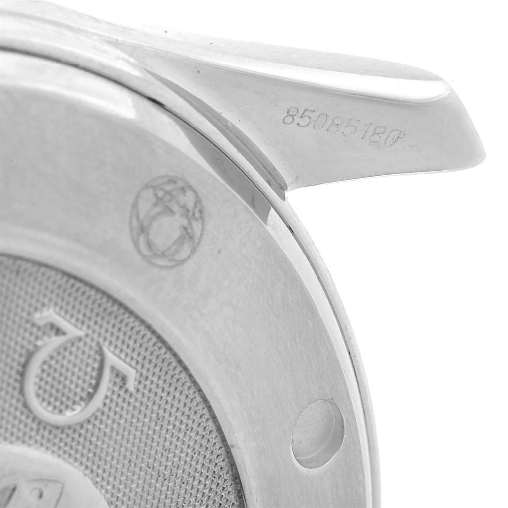 The image shows a close-up of the case back and lugs of an Omega Seamaster 2220.80.00 Men's Stainless Steel Blue Dial 2220.80.00 Men's Stainless Steel Blue Dial watch, displaying partial engravings and the serial number.