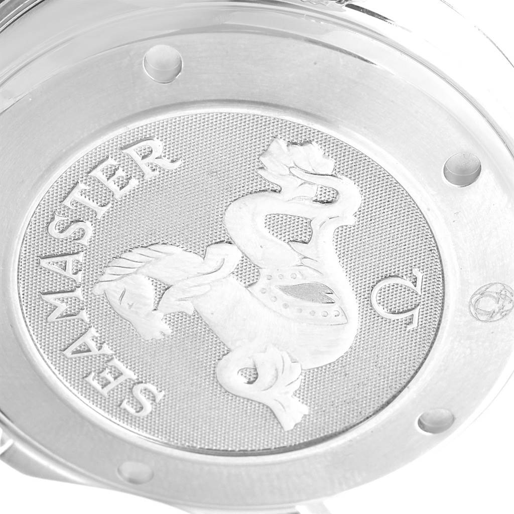 This image shows a close-up of the case back of an Omega Seamaster 2220.80.00 Men's Stainless Steel Blue Dial 2220.80.00 Men's Stainless Steel Blue Dial watch.