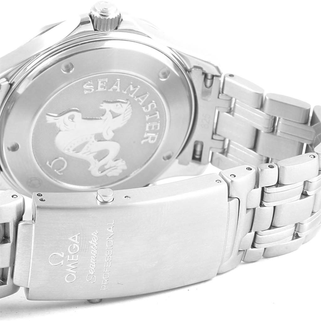 This image shows the Omega Seamaster 2220.80.00 Men's Stainless Steel Blue Dial 2220.80.00 Men's Stainless Steel Blue Dial watch's back case, clasp, and part of the bracelet.