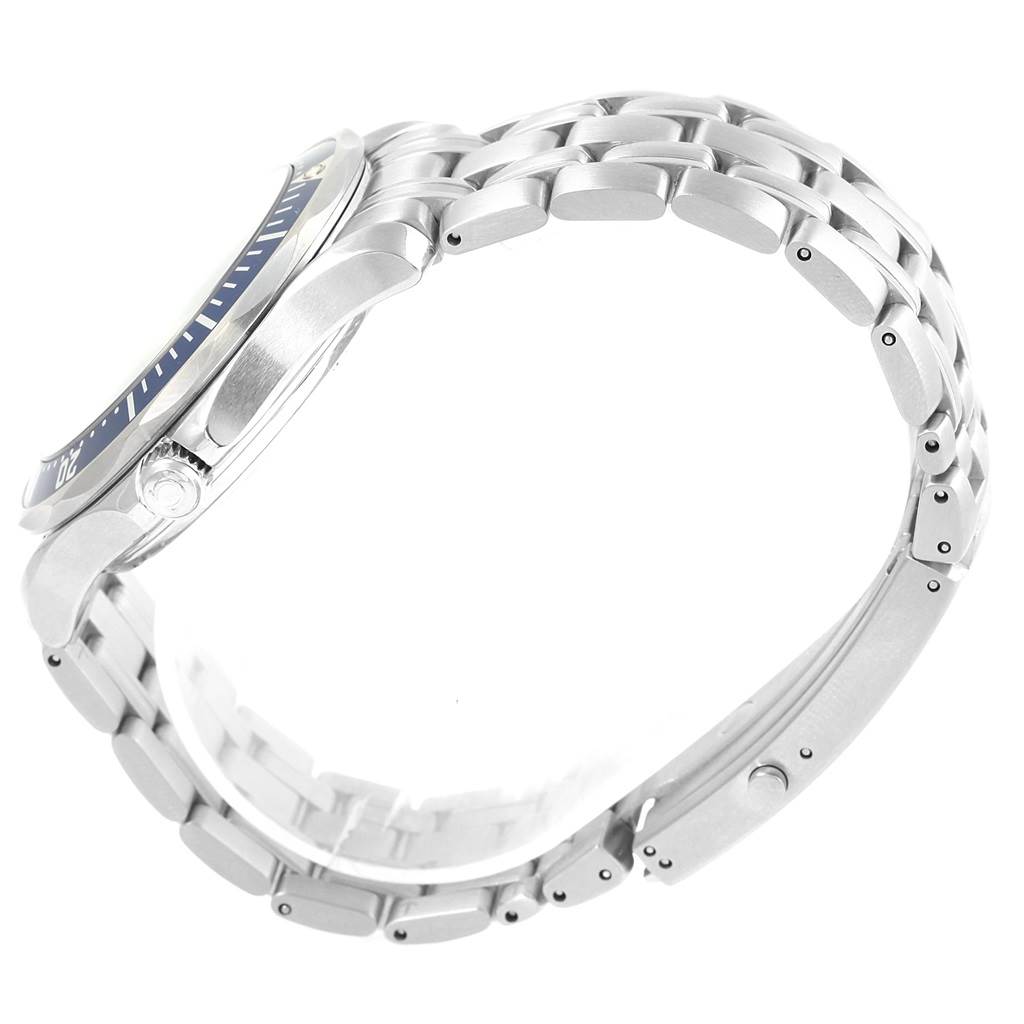 The image shows a side view of the Omega Seamaster 2220.80.00 Men's Stainless Steel Blue Dial 2220.80.00 Men's Stainless Steel Blue Dial watch, highlighting its stainless steel case, crown, and bracelet.