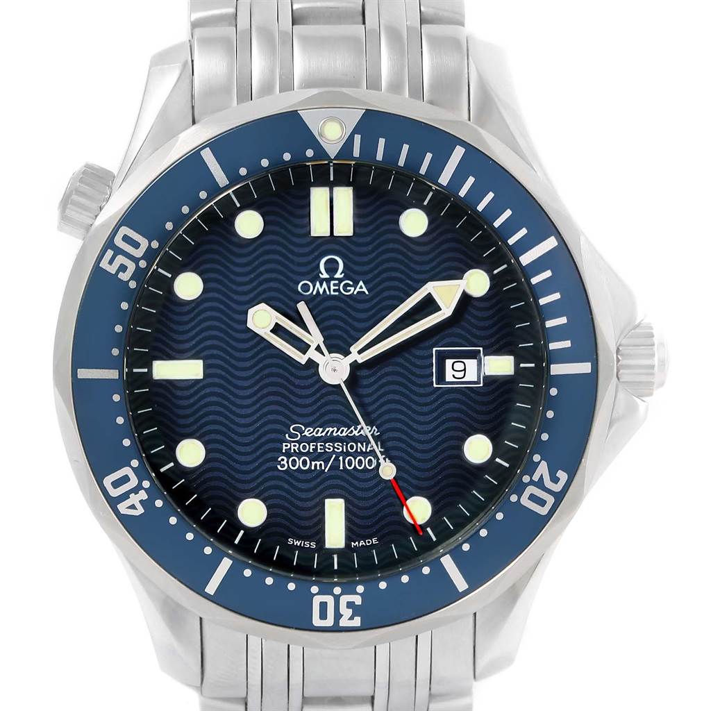 The Omega Seamaster 2541.80.00 Men
s Stainless Steel Blue Dial 2541.80.00 Men
s Stainless Steel Blue Dial watch is shown from a front angle, displaying the dial, bezel, bracelet, and crown.