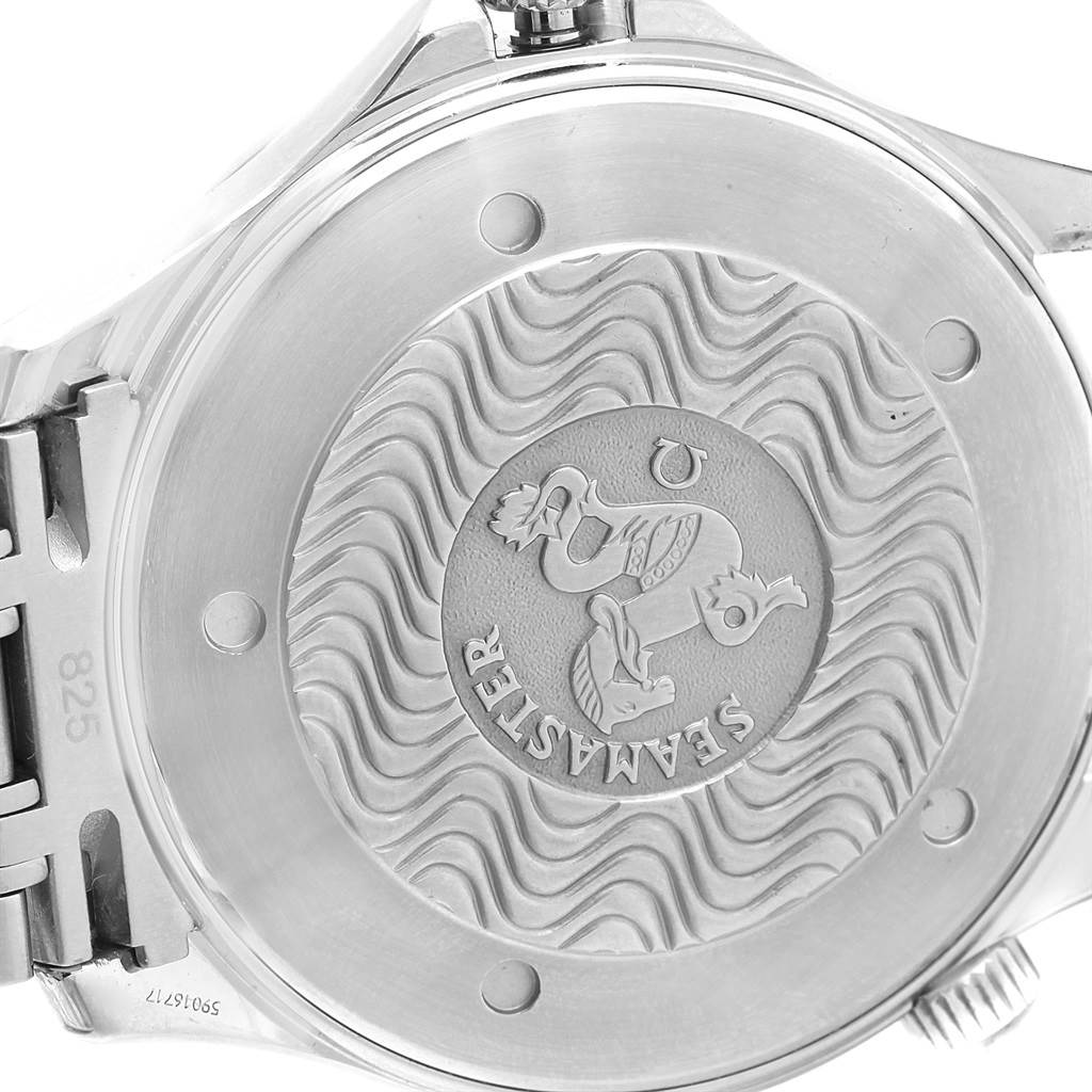 The image shows the case back of an Omega Seamaster 2541.80.00 Men
s Stainless Steel Blue Dial 2541.80.00 Men
s Stainless Steel Blue Dial watch, featuring intricate engravings and the Omega logo.