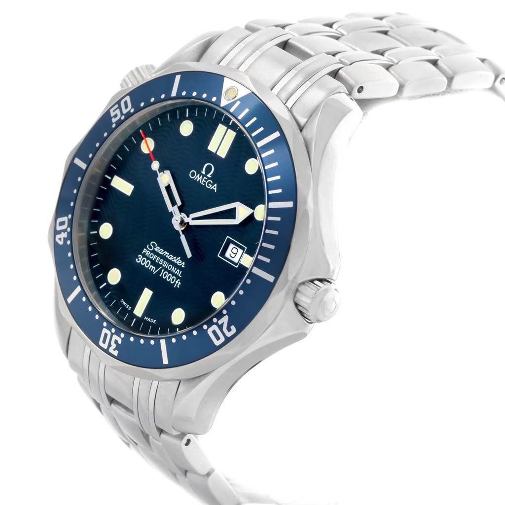 The Omega Seamaster 2541.80.00 Men
s Stainless Steel Blue Dial 2541.80.00 Men
s Stainless Steel Blue Dial watch is shown at an angled side view, displaying the face, bezel, crown, and part of the metal bracelet.