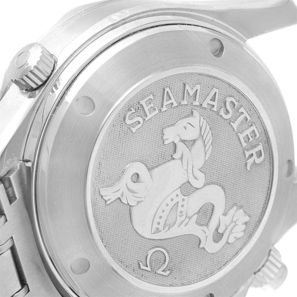 This image shows the case back of an Omega Seamaster 213.30.42.40.01.001 Men
s Stainless Steel Black Dial 213.30.42.40.01.001 Men
s Stainless Steel Black Dial watch, highlighting its engraved design and crown.