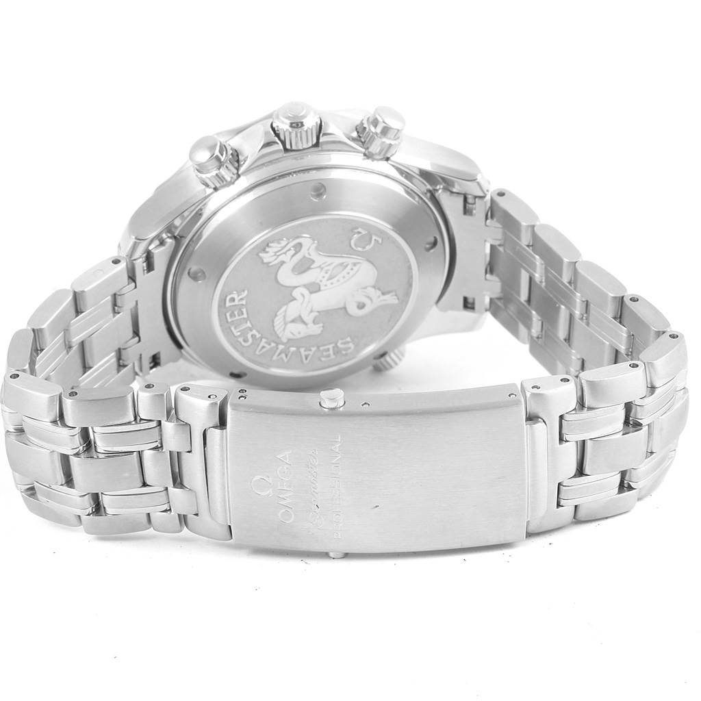 This image shows the back of an Omega Seamaster 213.30.42.40.01.001 Men
s Stainless Steel Black Dial 213.30.42.40.01.001 Men
s Stainless Steel Black Dial watch, highlighting the case back, crown, bracelets, and clasp.