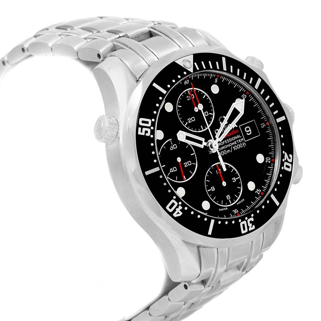 The Omega Seamaster 213.30.42.40.01.001 Men
s Stainless Steel Black Dial 213.30.42.40.01.001 Men
s Stainless Steel Black Dial watch is shown at an angle, displaying its face, bezel, case, crown, and band.