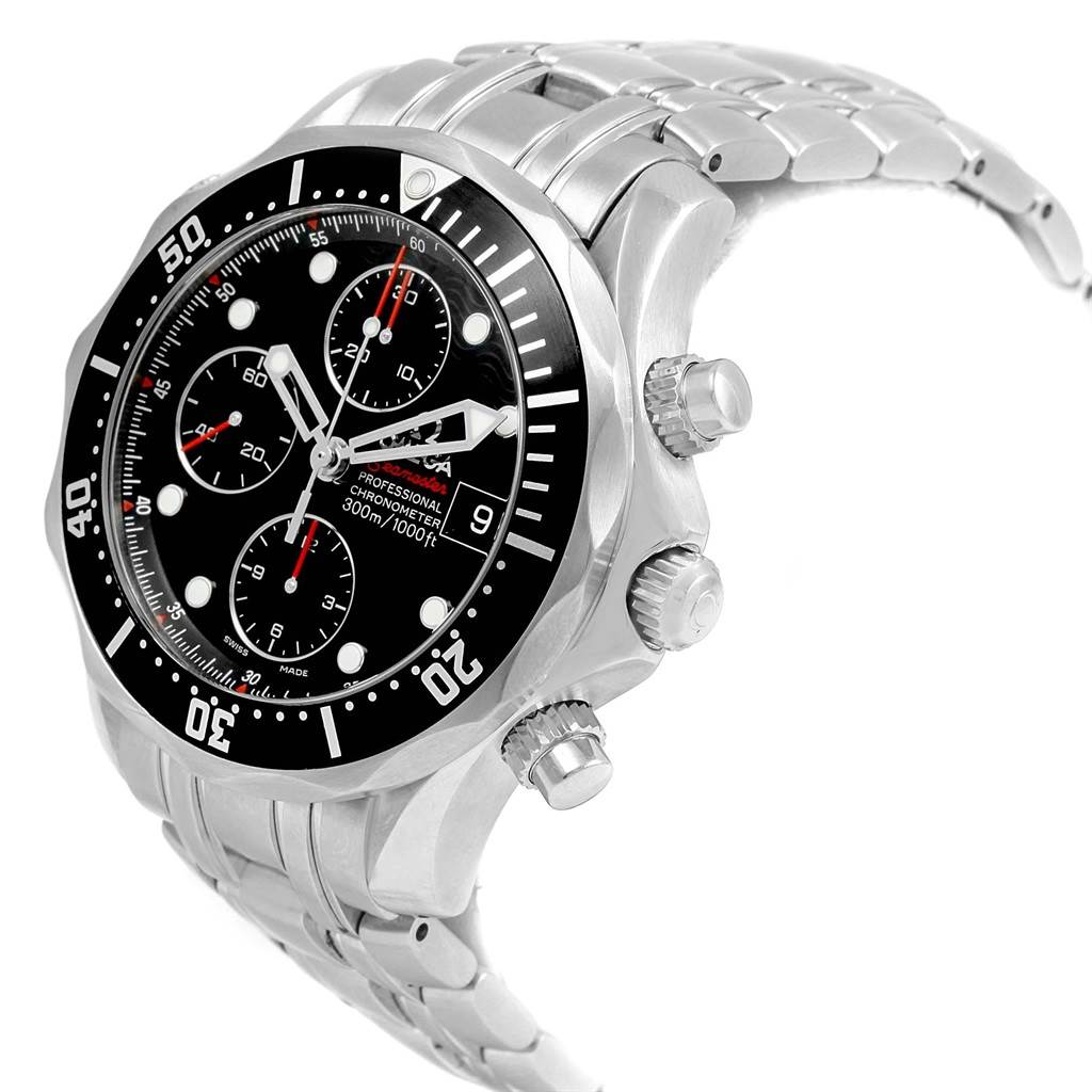 The image shows an angled, close-up view of the Omega Seamaster 213.30.42.40.01.001 Men
s Stainless Steel Black Dial 213.30.42.40.01.001 Men
s Stainless Steel Black Dial watch, highlighting the face, bezel, and side buttons.