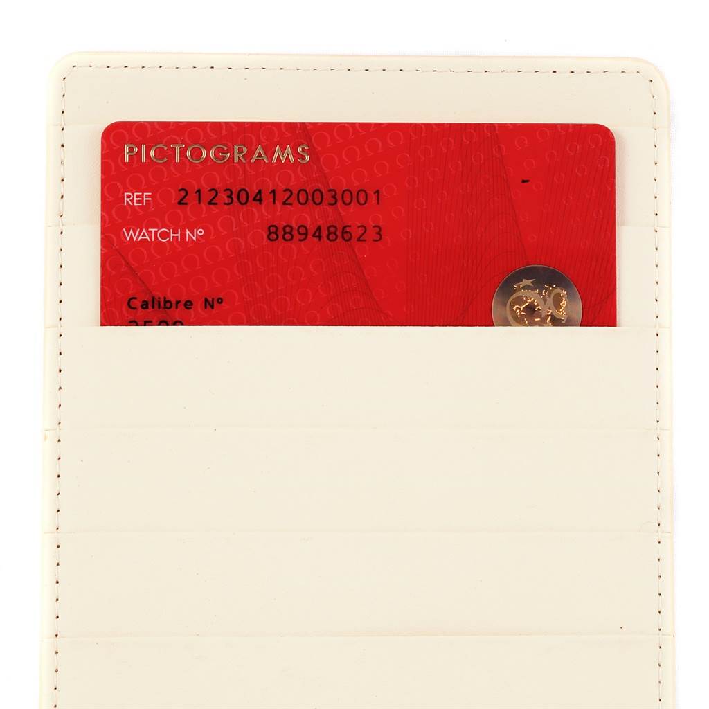 The image shows an Omega Seamaster 212.30.41.20.03.001 Men
s Stainless Steel Blue Dial 212.30.41.20.03.001 Men
s Stainless Steel Blue Dial model warranty card partially in a cream-colored cardholder.