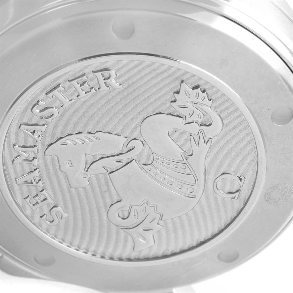 The image shows the caseback of an Omega Seamaster 212.30.41.20.03.001 Men
s Stainless Steel Blue Dial 212.30.41.20.03.001 Men
s Stainless Steel Blue Dial watch, featuring the engraved Seamaster logo.