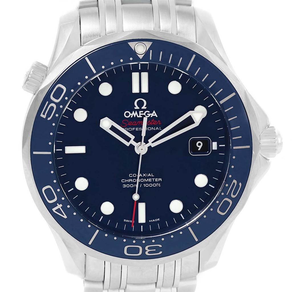 The image features the face of the Omega Seamaster 212.30.41.20.03.001 Men
s Stainless Steel Blue Dial 212.30.41.20.03.001 Men
s Stainless Steel Blue Dial watch showing its dial, hands, bezel, and part of the bracelet.