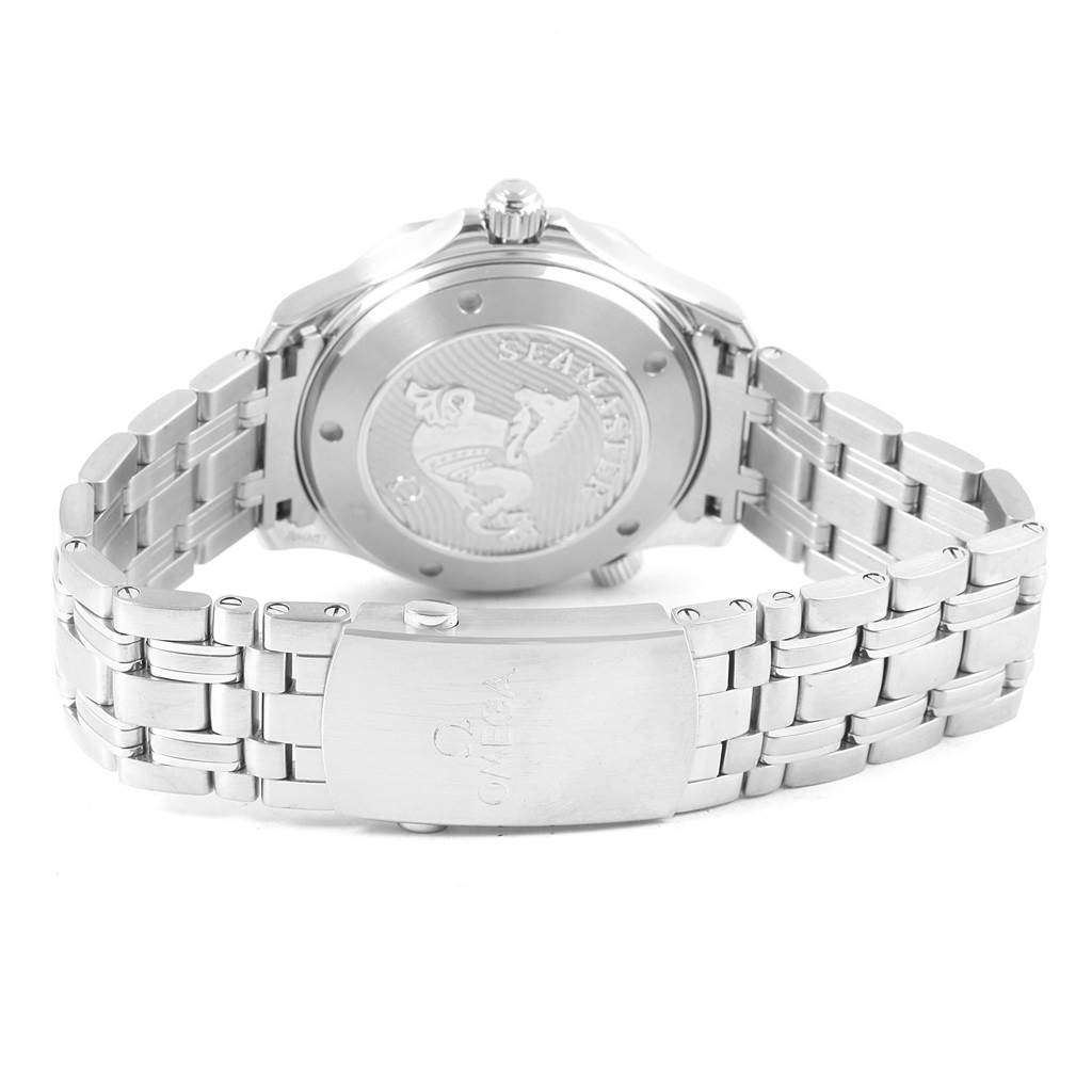 This image shows the back view of the Omega Seamaster 212.30.41.20.03.001 Men
s Stainless Steel Blue Dial 212.30.41.20.03.001 Men
s Stainless Steel Blue Dial watch, highlighting its case back and metal bracelet with a clasp.