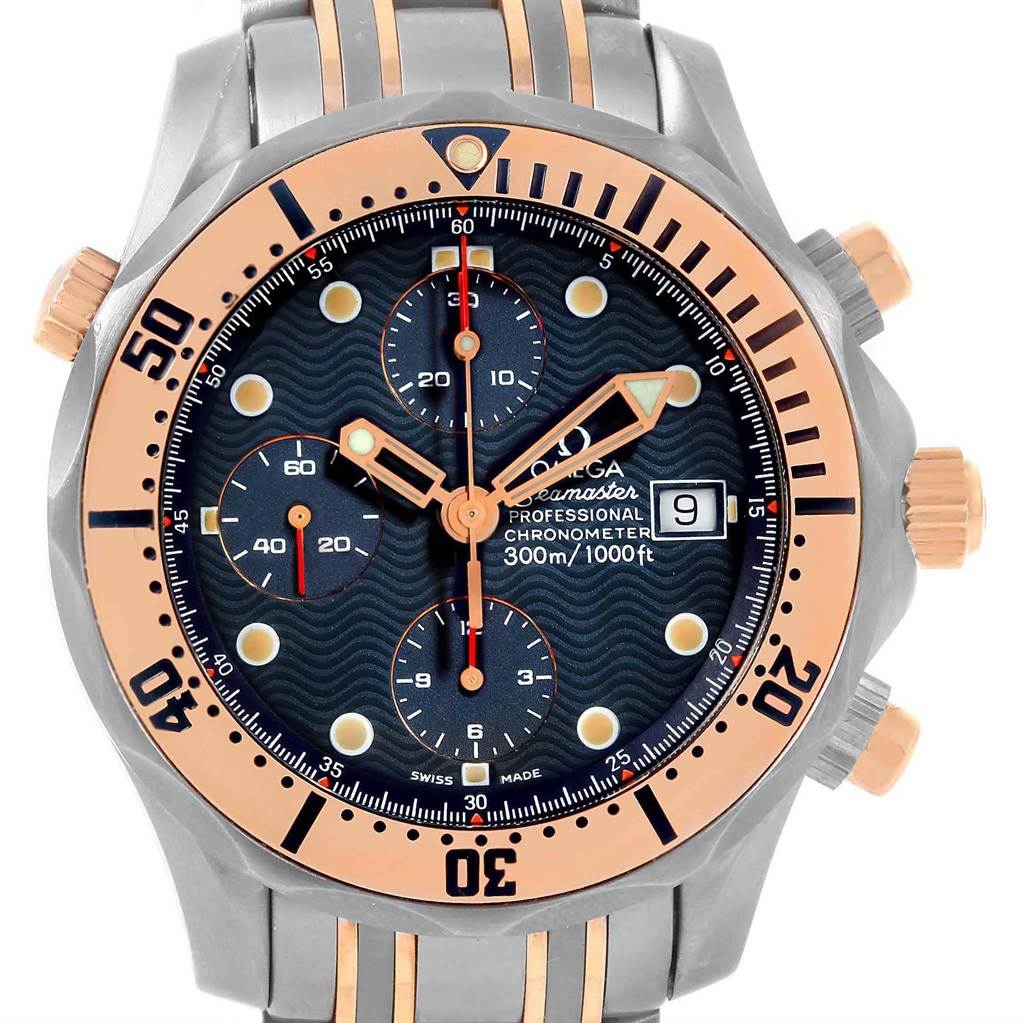 The Omega Seamaster 2296.80.00 Men
s Titanium Blue Dial 2296.80.00 Men
s Titanium Blue Dial watch is shown from a front angle, highlighting the face, hands, bezel, and part of the bracelet.