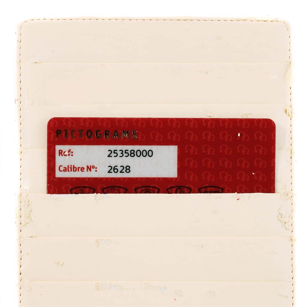 The image shows a Pictograms card for the Omega Seamaster 2535.80.00 Men
s Stainless Steel Blue Dial 2535.80.00 Men
s Stainless Steel Blue Dial watch, partially inserted in a beige holder.