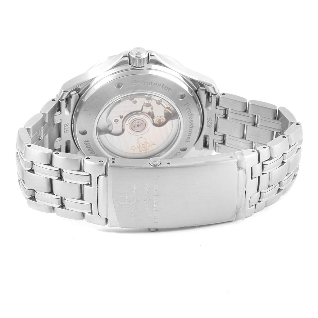 The image shows the back of an Omega Seamaster 2535.80.00 Men
s Stainless Steel Blue Dial 2535.80.00 Men
s Stainless Steel Blue Dial watch, highlighting its open case back and stainless steel bracelet.