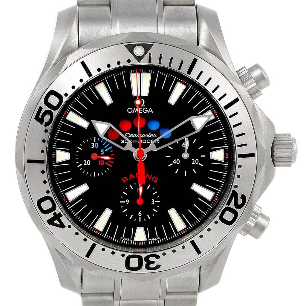 The image shows a front view of the Omega Seamaster 2269.52.00 Men's Titanium Black Dial 2269.52.00 Men's Titanium Black Dial watch, highlighting its bezel, dial, and sub-dials.