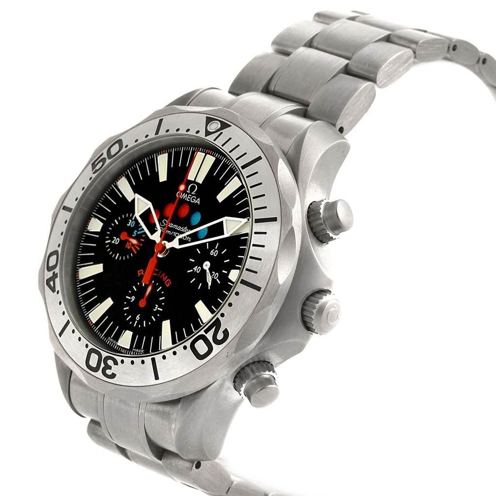 The image shows a side and slightly tilted angle of the Omega Seamaster 2269.52.00 Men's Titanium Black Dial 2269.52.00 Men's Titanium Black Dial wristwatch, highlighting its face, bezel, crown, and bracelet.