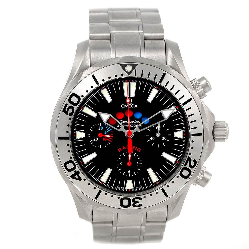 The image shows a front view of the Omega Seamaster 2269.52.00 Men's Titanium Black Dial 2269.52.00 Men's Titanium Black Dial watch, highlighting its face, bezel, and metal bracelet.