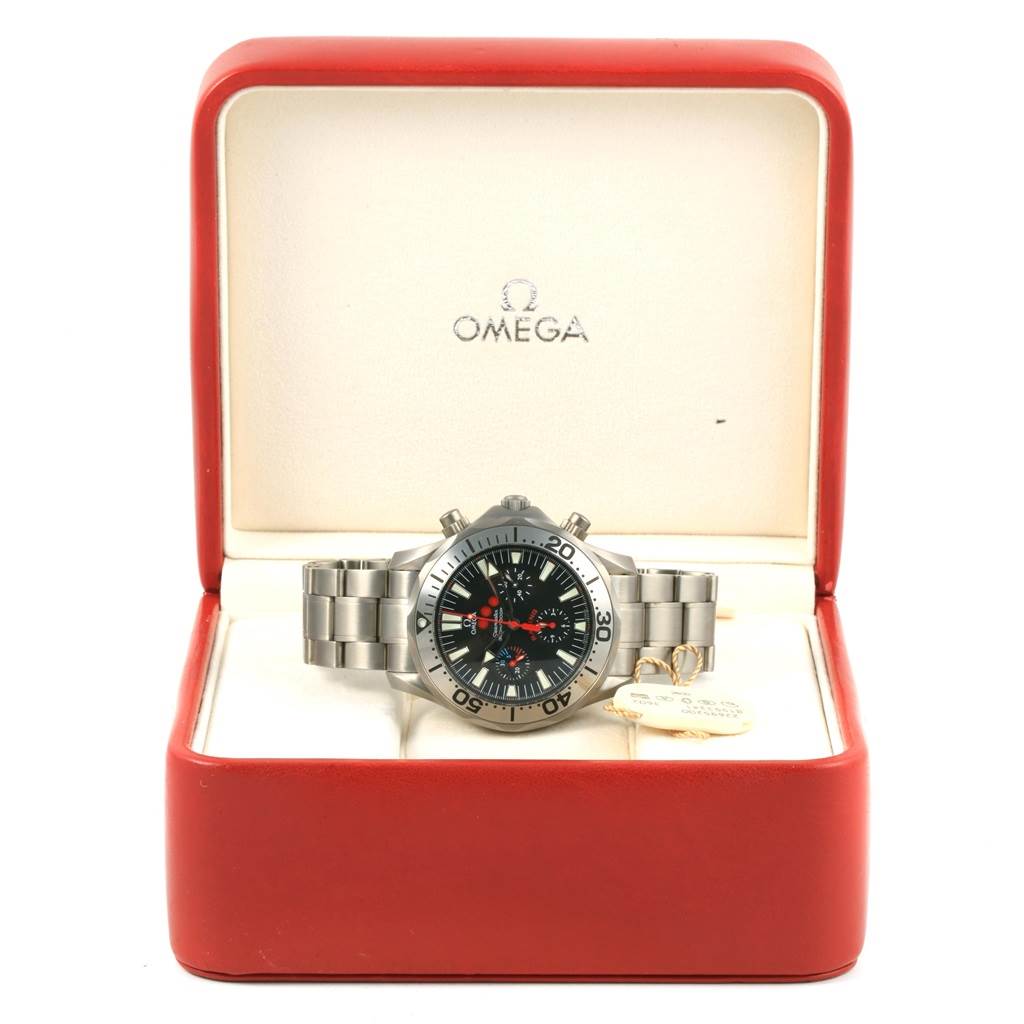 The Omega Seamaster 2269.52.00 Men's Titanium Black Dial 2269.52.00 Men's Titanium Black Dial watch is photographed head-on inside its red and white presentation box.