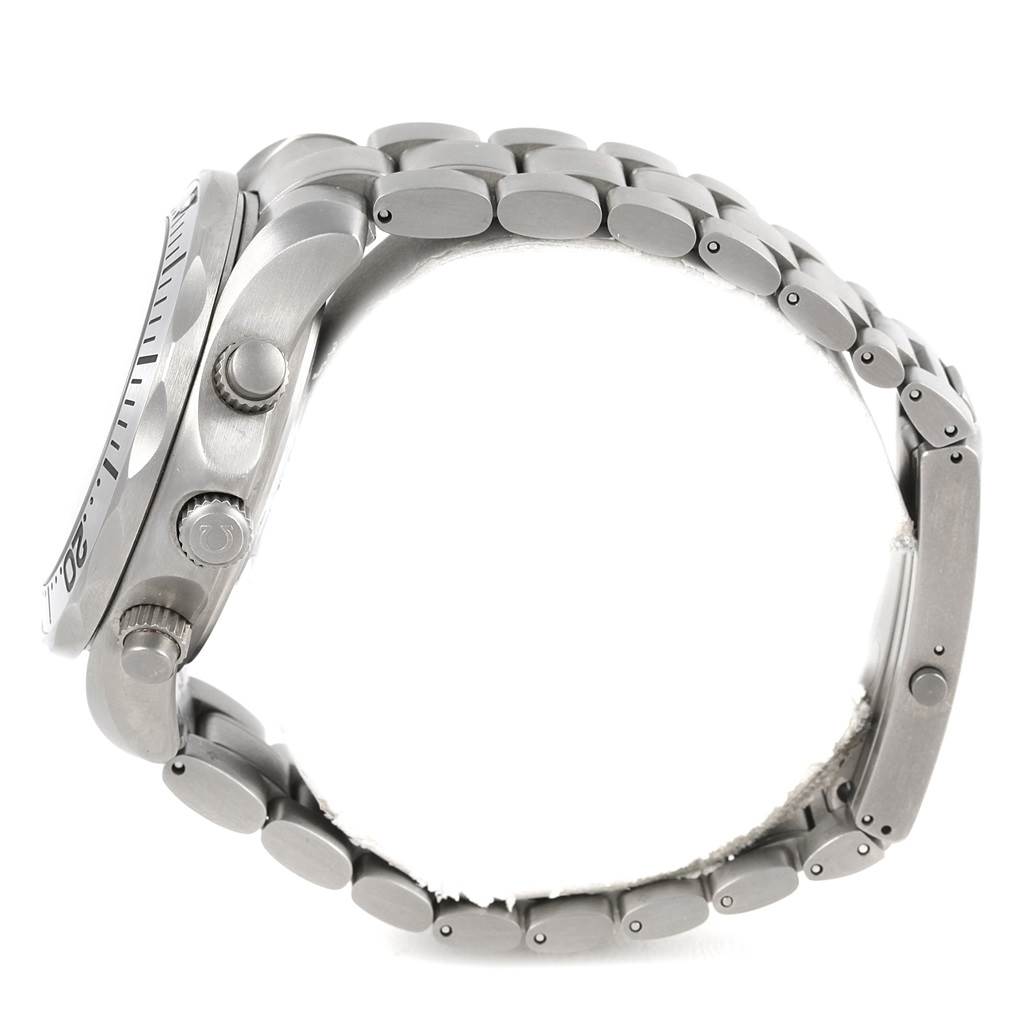 The Omega Seamaster 2269.52.00 Men's Titanium Black Dial 2269.52.00 Men's Titanium Black Dial watch is shown from a side angle, highlighting the crown, pushers, and metal bracelet.