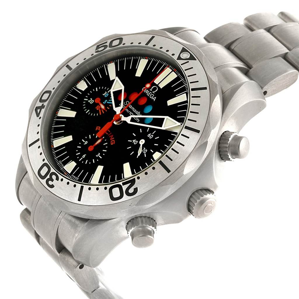 The image shows an Omega Seamaster 2269.52.00 Men's Titanium Black Dial 2269.52.00 Men's Titanium Black Dial watch at an angled side view, displaying the bezel, dial, pushers, and part of the metal bracelet.