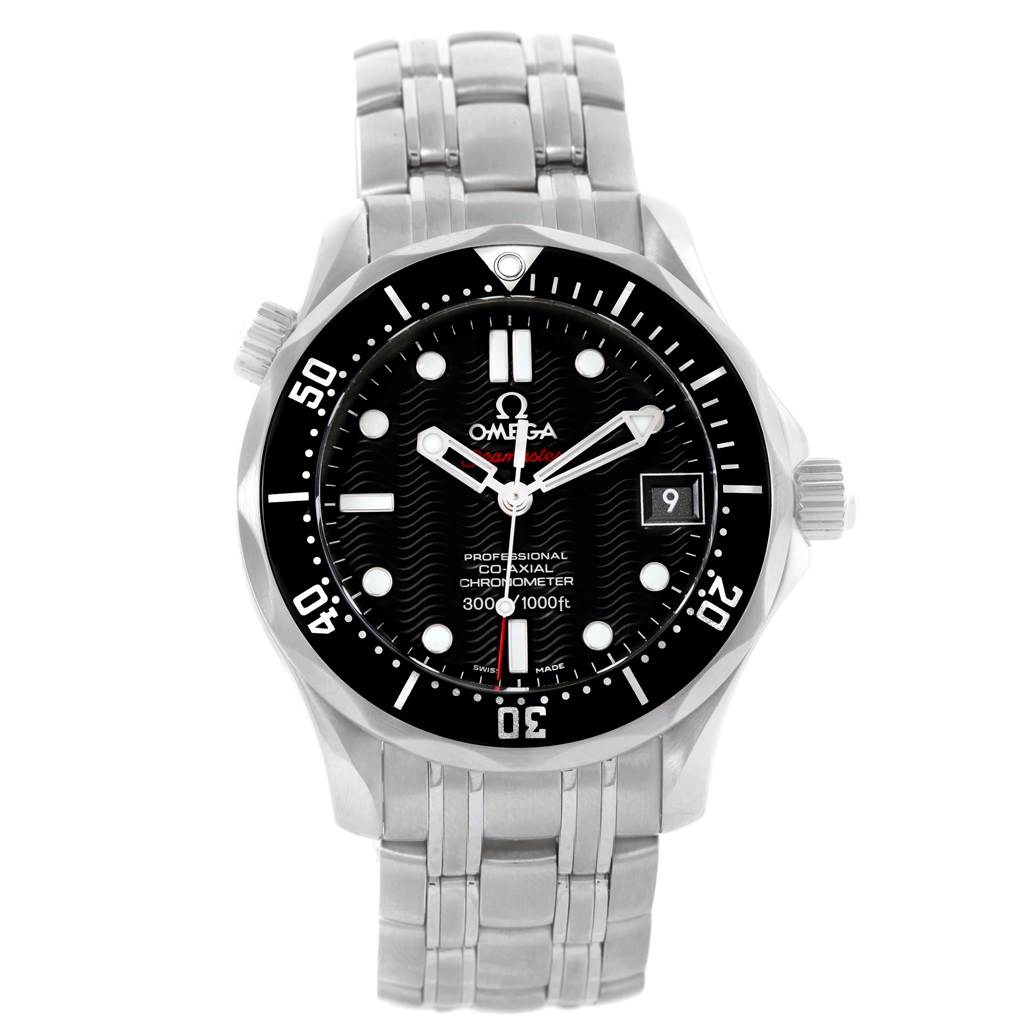 The image shows a front view of an Omega Seamaster 212.30.36.20.01.001 Men
s Stainless Steel Black Dial 212.30.36.20.01.001 Men
s Stainless Steel Black Dial watch, displaying the dial, bezel, bracelet, and crown.