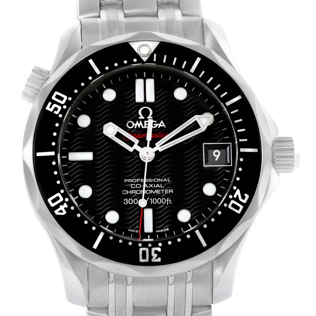 The image shows a front view of the Omega Seamaster 212.30.36.20.01.001 Men
s Stainless Steel Black Dial 212.30.36.20.01.001 Men
s Stainless Steel Black Dial watch, displaying its dial, hands, bezel, and part of the bracelet.