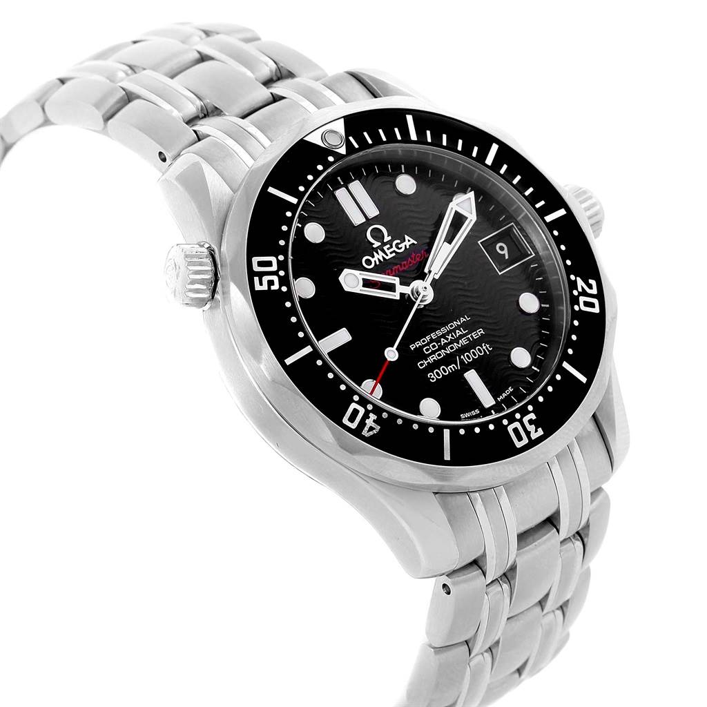 The image shows an angle of the Omega Seamaster 212.30.36.20.01.001 Men
s Stainless Steel Black Dial 212.30.36.20.01.001 Men
s Stainless Steel Black Dial watch displaying the face, bezel, crown, and bracelet.