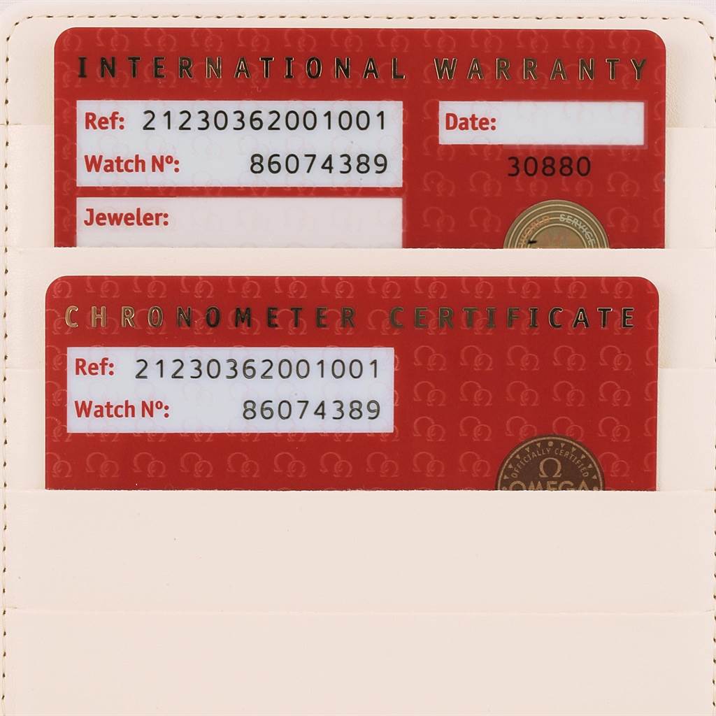 The image shows international warranty and chronometer certificate cards for an Omega Seamaster 212.30.36.20.01.001 Men
s Stainless Steel Black Dial 212.30.36.20.01.001 Men
s Stainless Steel Black Dial watch.