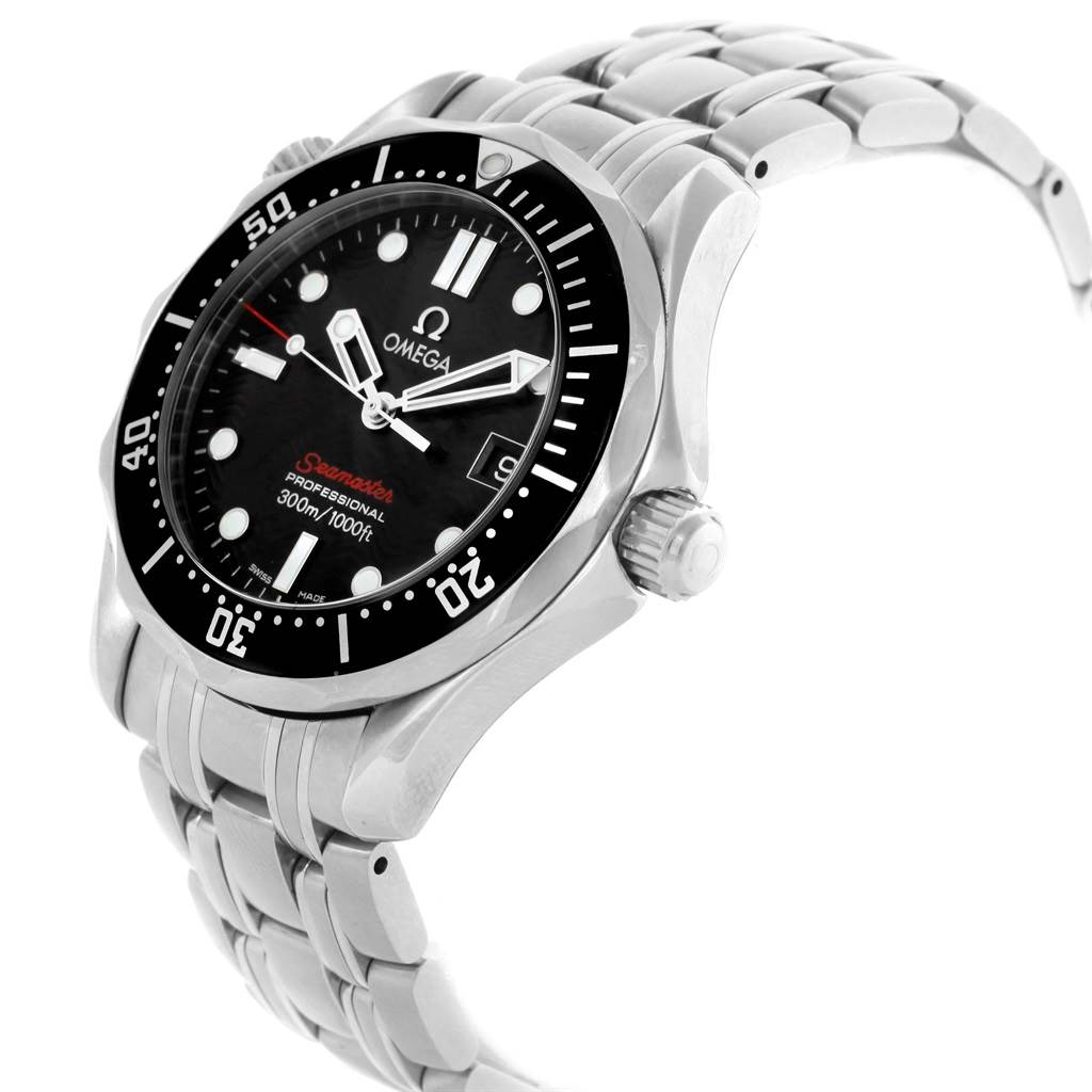 The Omega Seamaster 212.30.36.61.01.001 Men
s Stainless Steel Black Dial 212.30.36.61.01.001 Men
s Stainless Steel Black Dial watch is shown at an angle displaying the face, bezel, crown, and a portion of the bracelet.