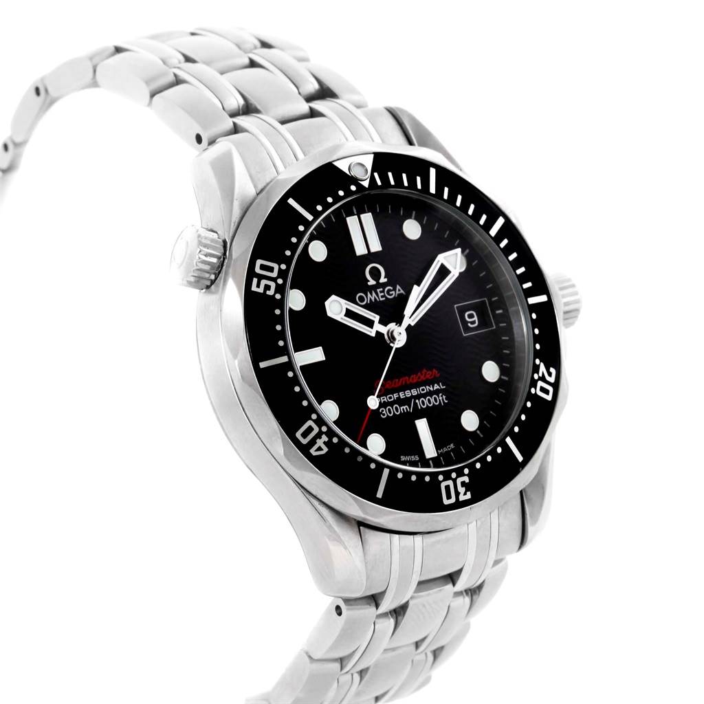 The Omega Seamaster 212.30.36.61.01.001 Men
s Stainless Steel Black Dial 212.30.36.61.01.001 Men
s Stainless Steel Black Dial watch is shown at an angled side view, displaying its face, bezel, crown, and metal bracelet.