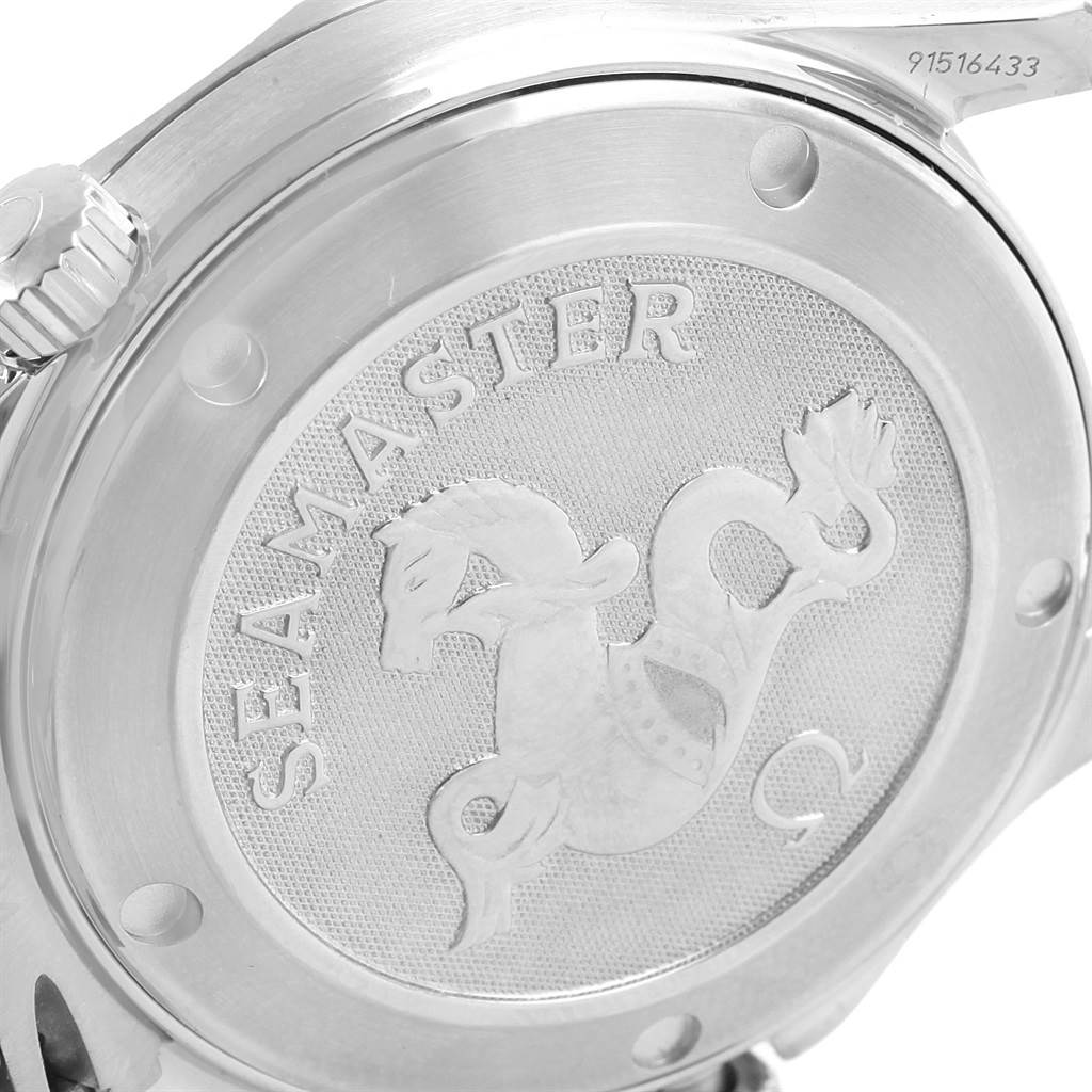 This image shows the back case of an Omega Seamaster 212.30.36.61.01.001 Men
s Stainless Steel Black Dial 212.30.36.61.01.001 Men
s Stainless Steel Black Dial watch, highlighting the engraved "Seamaster" and seahorse design.