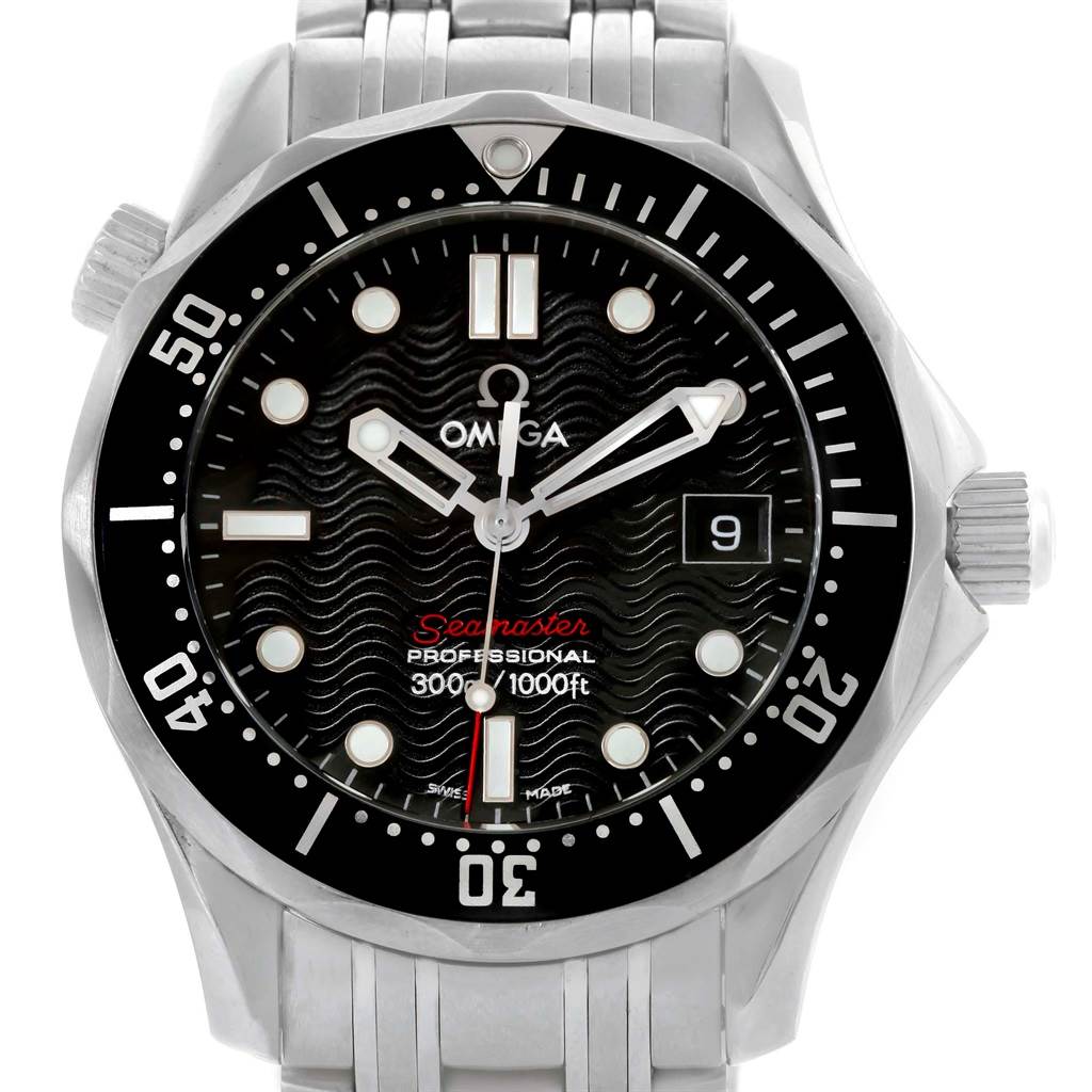 The image shows a full frontal view of the Omega Seamaster 212.30.36.61.01.001 Men
s Stainless Steel Black Dial 212.30.36.61.01.001 Men
s Stainless Steel Black Dial watch, highlighting its face, bezel, crown, and bracelet.