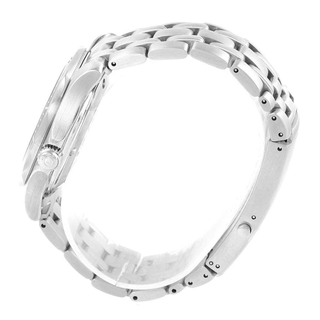 This side view image of the Omega Seamaster 212.30.36.61.01.001 Men
s Stainless Steel Black Dial 212.30.36.61.01.001 Men
s Stainless Steel Black Dial watch showcases the bracelet, case, and crown.