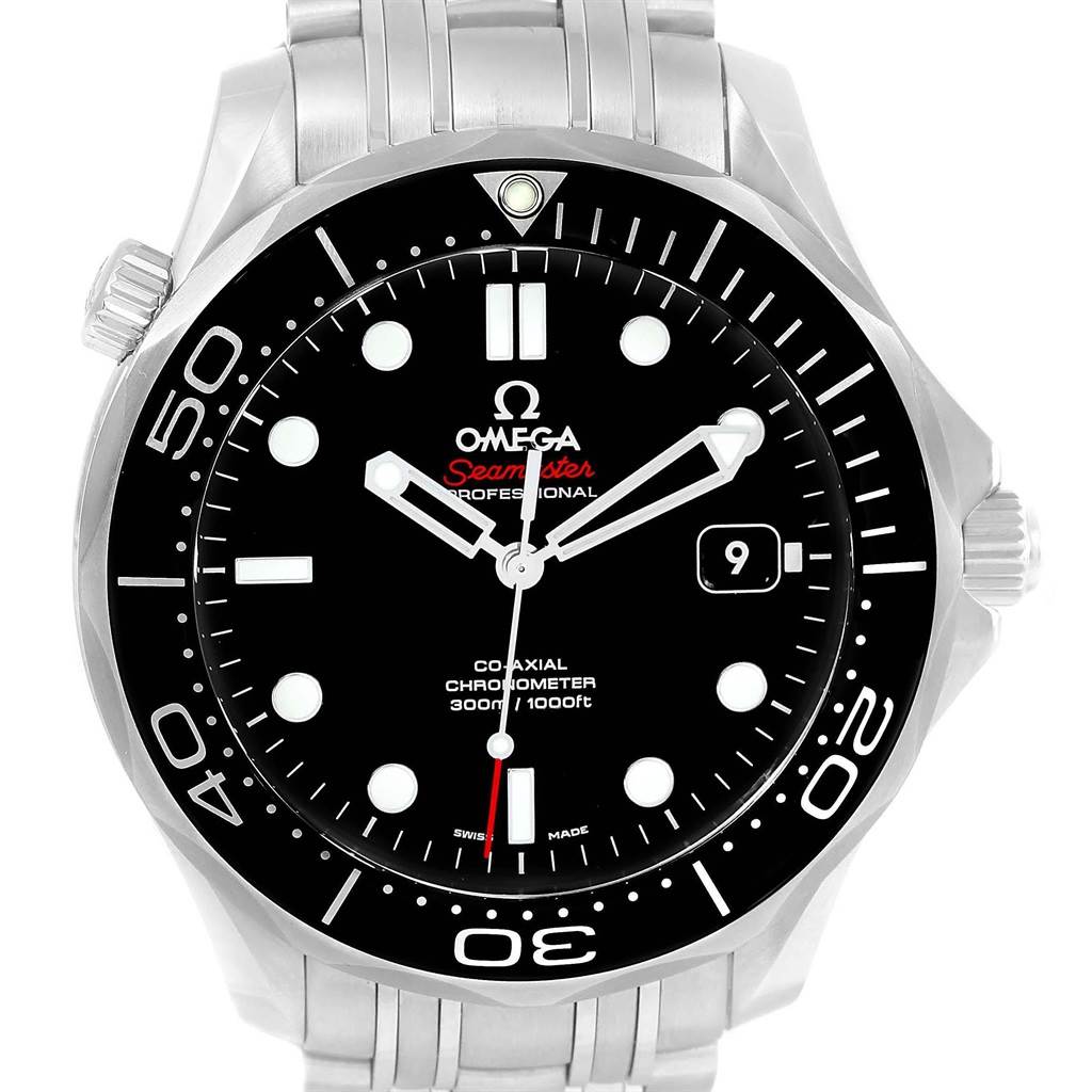 The image shows a front view of an Omega Seamaster 212.30.41.20.01.003 Men
s Stainless Steel Black Dial 212.30.41.20.01.003 Men
s Stainless Steel Black Dial watch, highlighting its dial, bezel, and bracelet.