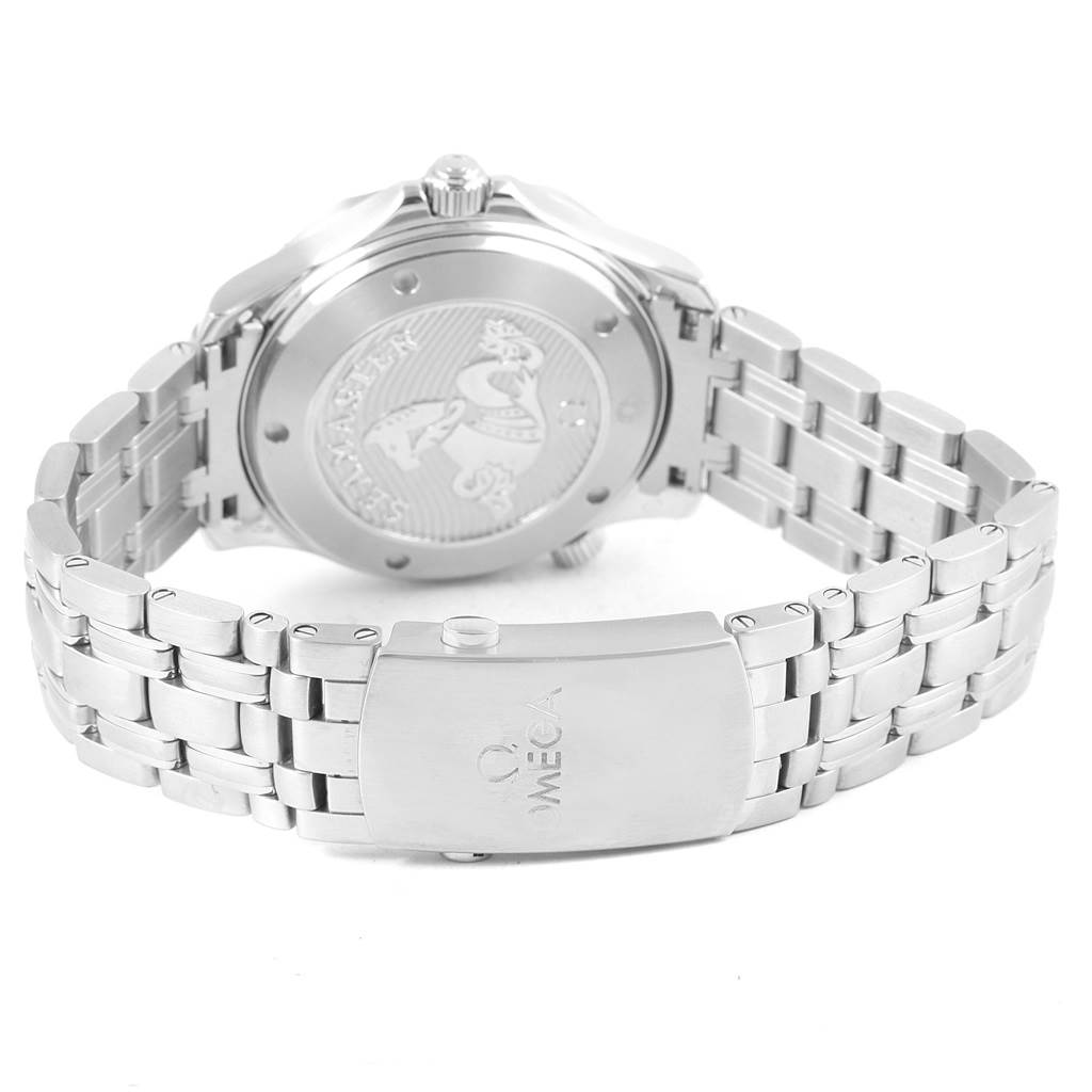 The Omega Seamaster 212.30.41.20.01.003 Men
s Stainless Steel Black Dial 212.30.41.20.01.003 Men
s Stainless Steel Black Dial watch is shown from the back, highlighting the case back, bracelet, and clasp.