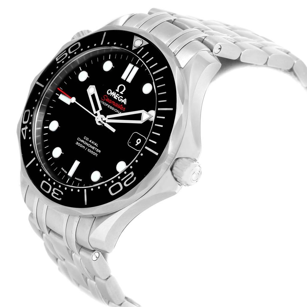 The image shows a side angle of an Omega Seamaster 212.30.41.20.01.003 Men
s Stainless Steel Black Dial 212.30.41.20.01.003 Men
s Stainless Steel Black Dial watch, highlighting the bezel, crown, and bracelet.