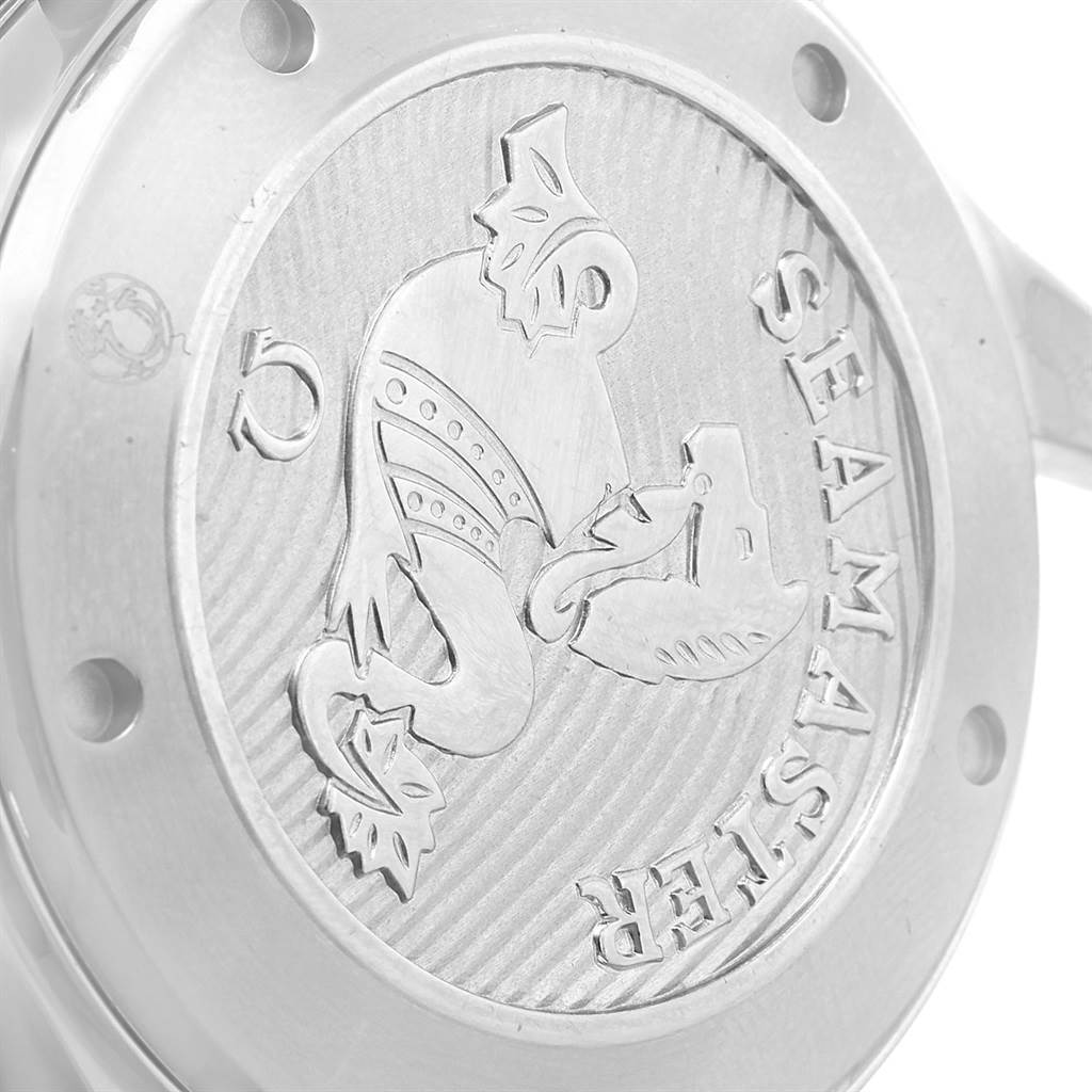 This close-up image shows the case back of an Omega Seamaster 212.30.41.20.01.003 Men
s Stainless Steel Black Dial 212.30.41.20.01.003 Men
s Stainless Steel Black Dial watch, showcasing its engraved design.