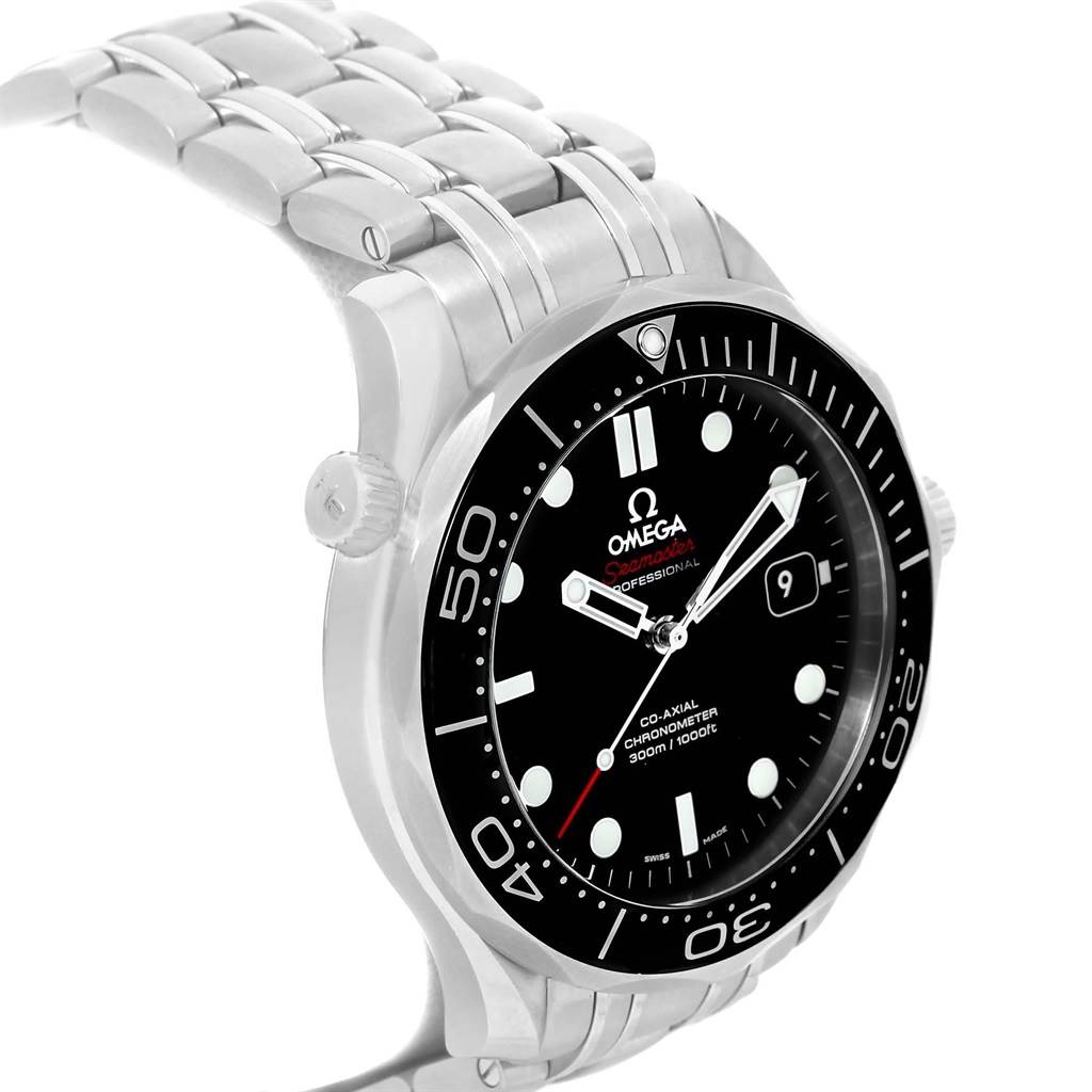 This image shows an angle of the Omega Seamaster 212.30.41.20.01.003 Men
s Stainless Steel Black Dial 212.30.41.20.01.003 Men
s Stainless Steel Black Dial watch displaying the face, bezel, crown, and stainless steel bracelet.