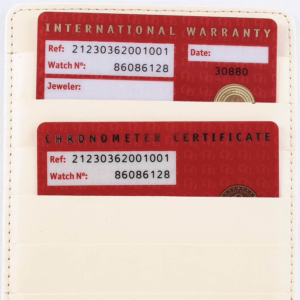 The image shows warranty and chronometer certificate cards for an Omega Seamaster 212.30.36.20.01.001 Men
s Stainless Steel Black Dial 212.30.36.20.01.001 Men
s Stainless Steel Black Dial watch.