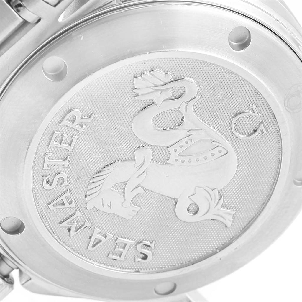 The image shows the case back of the Omega Seamaster 212.30.36.20.01.001 Men
s Stainless Steel Black Dial 212.30.36.20.01.001 Men
s Stainless Steel Black Dial watch, featuring an engraved Seahorse emblem and the "Seamaster" name.