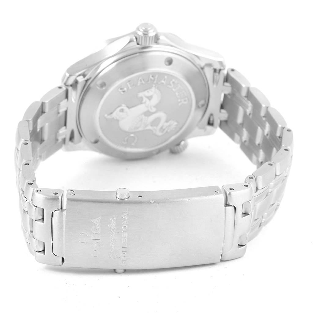 The image shows a rear view of the Omega Seamaster 212.30.36.20.01.001 Men
s Stainless Steel Black Dial 212.30.36.20.01.001 Men
s Stainless Steel Black Dial watch, highlighting the case back and metal bracelet with the clasp.