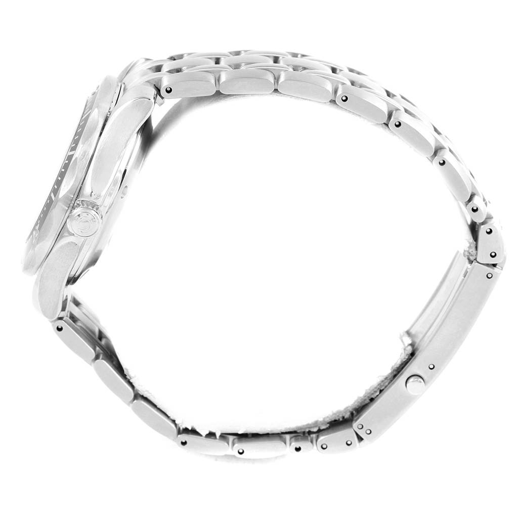 The image shows a side view of an Omega Seamaster 212.30.36.20.01.001 Men
s Stainless Steel Black Dial 212.30.36.20.01.001 Men
s Stainless Steel Black Dial watch highlighting the case, crown, and stainless steel bracelet.