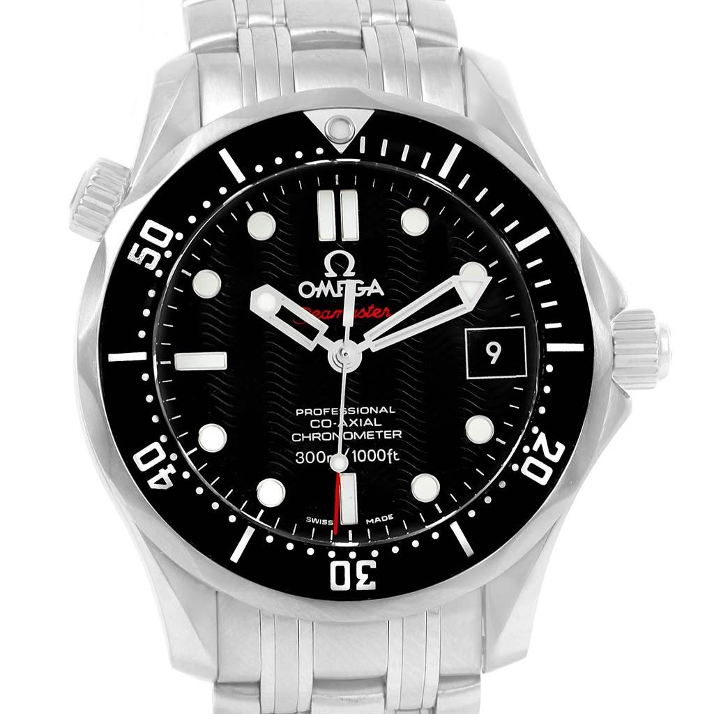 The image shows a front view of the Omega Seamaster 212.30.36.20.01.001 Men
s Stainless Steel Black Dial 212.30.36.20.01.001 Men
s Stainless Steel Black Dial watch, displaying its dial, bezel, hands, and date window.
