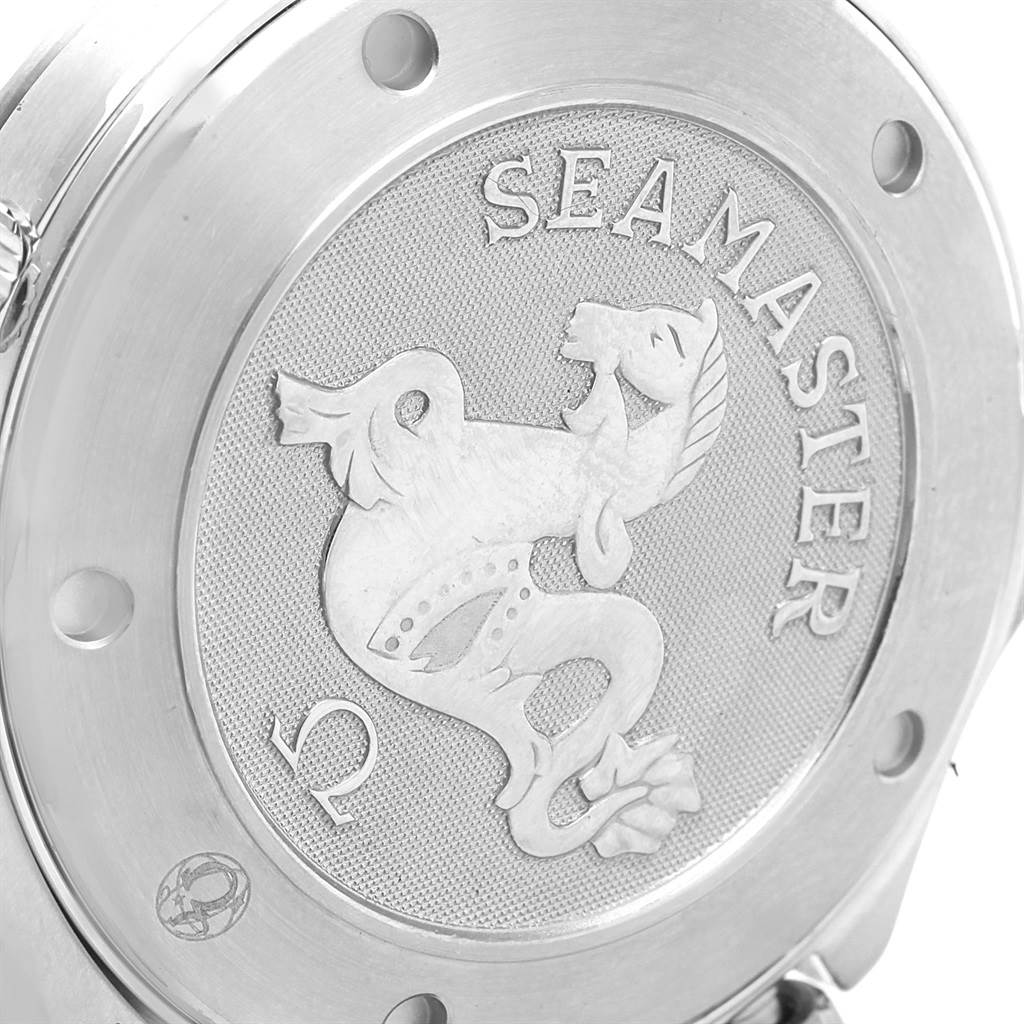 The image shows a close-up of the back case of an Omega Seamaster 212.30.41.61.01.001 Men
s Stainless Steel Black Dial 212.30.41.61.01.001 Men
s Stainless Steel Black Dial watch.