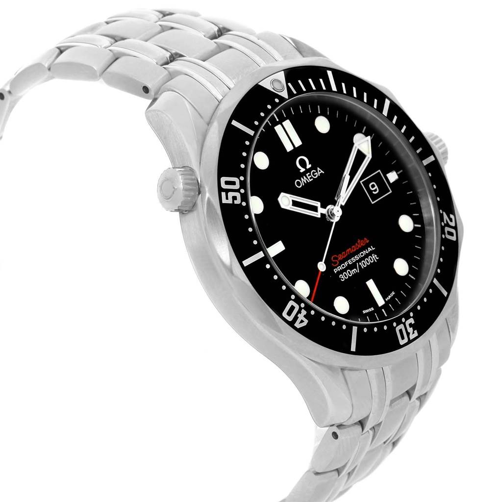The Omega Seamaster 212.30.41.61.01.001 Men
s Stainless Steel Black Dial 212.30.41.61.01.001 Men
s Stainless Steel Black Dial watch is angled showing the face, bezel, crown, and part of the metal bracelet.
