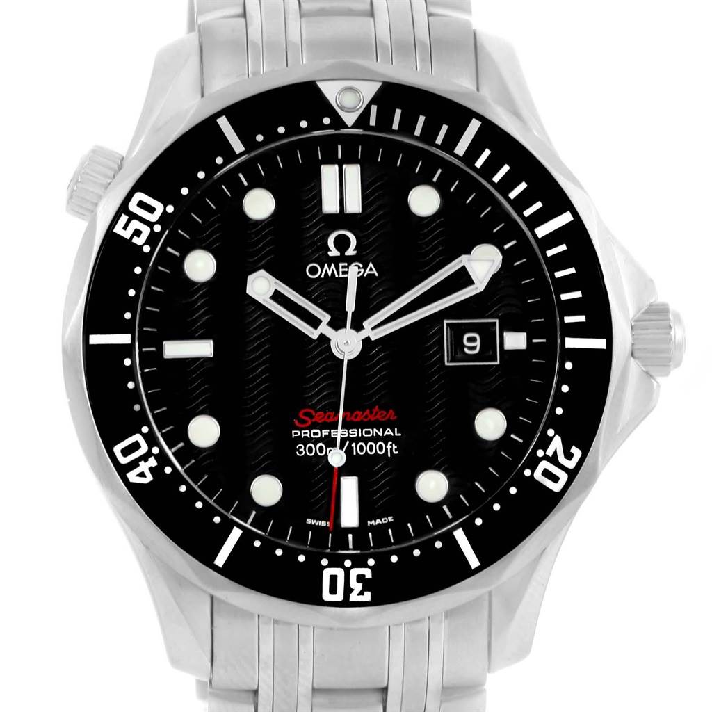 The image shows a front view of the Omega Seamaster 212.30.41.61.01.001 Men
s Stainless Steel Black Dial 212.30.41.61.01.001 Men
s Stainless Steel Black Dial watch, displaying its dial, bezel, and part of its bracelet.